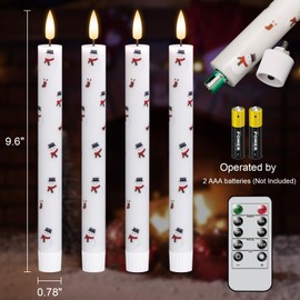 Eldnacele Christmas Taper Flameless Candles with Remote and Timer, Battery Operated 3D Wick Flickering Snowman Decal Candles Real Wax LED Candles Dinner Indoor Holiday Xmas Decor(4Pcs,0.78"×9.6"