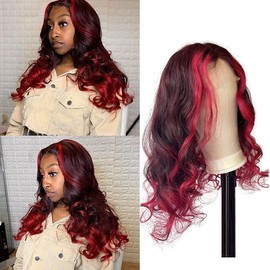 Belaved T Part Lace Front Wigs 1BT99J Body Wave Human Hair Wigs Long Curly Highlight Glueless Human Hair Wigs With Baby Hair Brazilian Remy Hair Wig For Black Women Pre Plucked 22 Inch 150% Density
