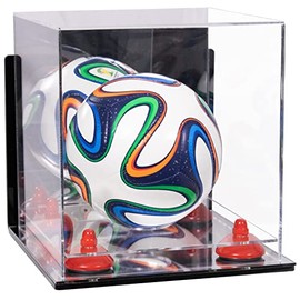 Better Display Cases Acrylic Mini - Miniature (not Full Size) Soccer Ball Display Case with Clear & Mirror Case, Red Risers , Wall Mount and Mirror Base (B03/A015)