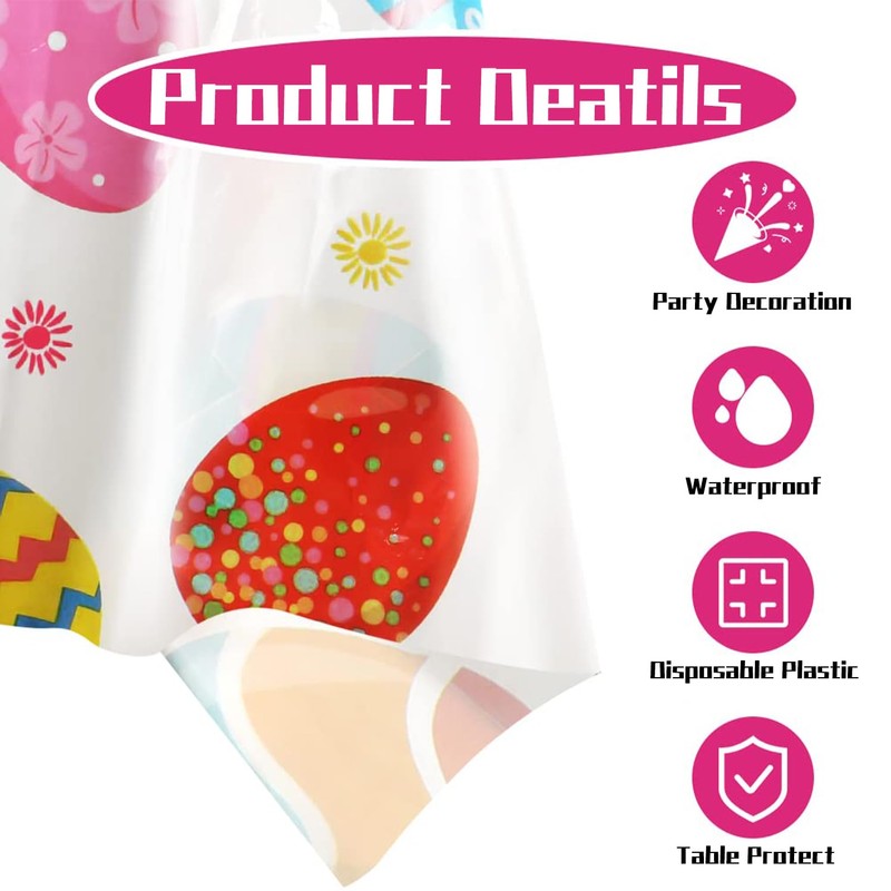Easter Table Cloth, 137x274cm Rectangular Plastic Waterproof white Easter Eggs