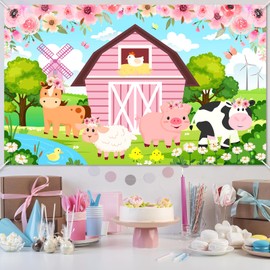 Avezano Farm Animals Backdrop for Kids Pink Floral Farm Animals Theme Birthday Baby Shower Party Decorations Girls Pink Barn Door Farm Animals Party Banner 70.8 x 43.3 Inch
