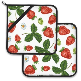 Red Strawberry Leaf Flower Pot Holder Set of 2,Heat Resistant Potholders Oven Hot Pads for Kitchen Cooking Baking BBQ
