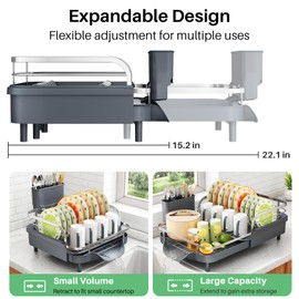 SAYZH Dish Drying Rack - Expandable Dish Rack for Kitchen Counter, Rust-Resistant Dish Drainer with Utensil Holder and Raised Guardrail, Kitchen Organizer for Cup and Bottle (Grey)