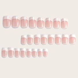 White French Tip Press on Nails Short Square Fake Nails Pink Nude Glitter Design Coffin False Nails Glossy Glue on Nail Full Cover Acrylic Reusable Stick on Nail for Women DIY Salon Manicure