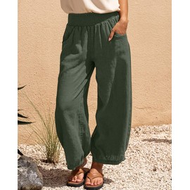TITOMD Womens Linen Wide Leg Pants Casual Loose Elastic Waisted Harm Beach Palazzo Pants with Pockets Olive M