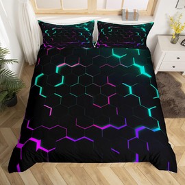 Homewish Honeycomb Single Duvet Cover Set, Neon Teal Purple Pink Comforter Cover for Girls Women, Colorful Glowing Geometric Bedding Sets Hexagon Black Bedding With Zipper, Microfibre Soft