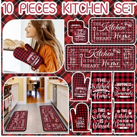 Fourluoo 10 Pcs Farmhouse Home Kitchen Decor Set 4 Kitchen Dish Towels 2 Pot Holders 2 Oven Mitt Rustic Rug and Mat for Cooking Baking Daughter Mom Gift Decor(Red White,Classic Style)