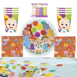 Cocomelon Party Supplies Pack Serves 16 - Round 9 Inch Dinner Plates, Luncheon Napkins, 9oz Paper Cups, Rectangular Plastic Table Cover - Includes Birthday Candles
