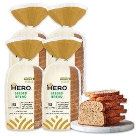Hero Seeded Bread — Delicious Bread with 1g Net Carb, 0g Sugar, 60 Calories, 12g Fiber per Slice | Low Carb & Keto Friendly Bread Loaf —15 Slices/Loaf, 4 Loaves