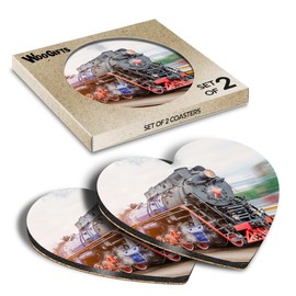 2 x Heart Coasters - Steam Locomotive Train Railway Vintage Cork Backed MDF Glossy Tea Coffee Accessory #52147