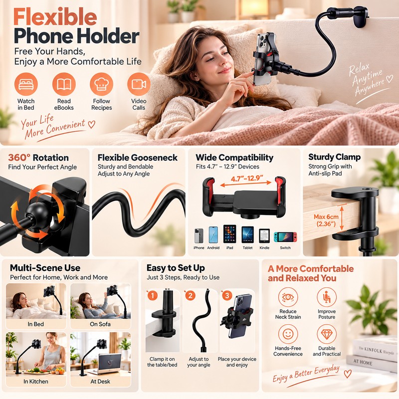 Flexible Long Arm Phone Holder for Hands-Free Viewing – Adjustable