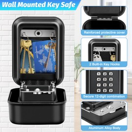 Faneam Key Safe with Number Code, Outdoor Key Box for Wall Mounting with 12 Digit Numbers, Key Cabinet, Waterproof Key Safe, Large Capacity for House Keys, Garages, Office (Black)
