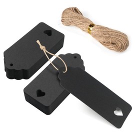 FOMGIIN Kraft Paper Gift Tags, 50 Pcs Black Gift Tags for Crafts and Easter Christmas Lovely Labels Heart Wedding Hollow Favour Name Tags (50 Pcs Black Tag with 30M Jute Twine String)