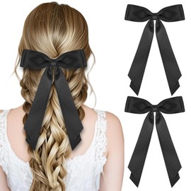 MOXYOY 2PCS Bow Hair Clip, Black Hair Bows for Girls Silky Satin, Solid Color Large Bowknot Hairpin with Long Ribbon, Barrettes Accessories for Girls Women (Black)