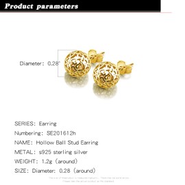 925 Sterling Silver Ball Stud Earrings - 0.28'' Heart Pattern Earrings For Women - 24K Gold Plated Round Earrings Fine Jewelry (Gold)