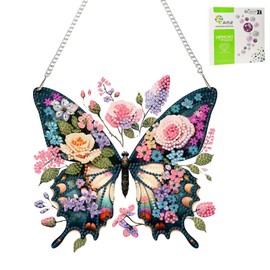 Jawecci Butterfly Hanging Diamond Painting Kits Pendant, Special Shaped Crystal DIY Flowers Diamond Art Hanging Ornaments with Chain Gem Painting for Adults Kids Window Door Gifts, Box Package