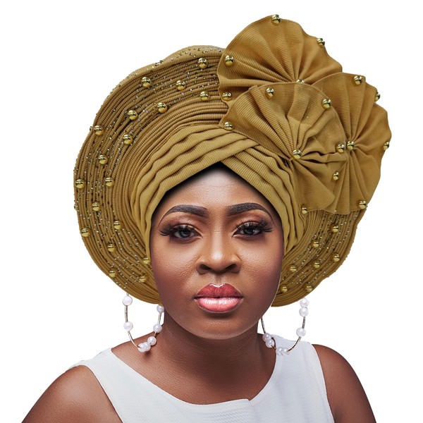 QliHut Nigerian Gele Headties With Beads And Stones African Headtie Women Head Wrap Already Made Auto (Gold,1)