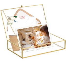 AMGSH Golden Vintage Glass Keepsake Box | Trinket Box Photo Cards Shadow Lidded Box Decorative Glass Box for Display,Clear Rectangle Box Rings Bracelet Earring Jewelry Storage (8.66 x 5.12 x 1.81inch)