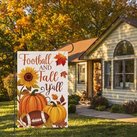 Heyfibro Football and Fall Y'all Pumpkin Garden Flag 12x18 Double Sided Burlap, Autumn Football Sunflower Yard Flags for Thanksgiving Rustic Seasonal Outside Outdoor Decoration (ONLY FLAG)