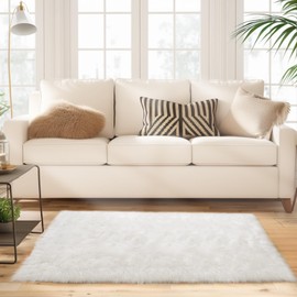 Ciicool White Fur Fluffy Rug, 2x4 ft Small Faux Fur Rug for Bedroom, Washable Faux Sheepskin Rugs for Sofa Couch Seat Cushion, Thick Shaggy Furry Rugs Floor Carpets for Bedside Living Room