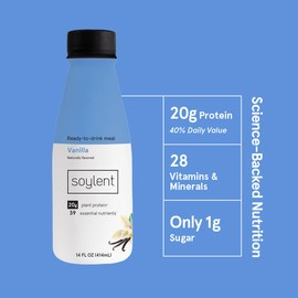 Soylent Complete Meal Replacement Shake, Vanilla, 20g complete protein, 28 vitamins & minerals, low sugar, 14oz (Single Bottle)