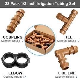 28 Pieces Drip Irrigation Connectors Fittings Kit 1/2 Inch Lawn Tubing Fittings Set Including 7 Tees, 7 Couplings, 7 Elbows and 7 End Cap Plugs Drip Irrigation Barbed Connectors for Compatible Drip