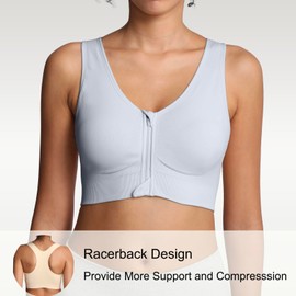 Lemef Front Zipper Sports Bras for Women Wirefree Post Surgery Bra Front Closure Racerback Compression Mastectomy Bras Grey M
