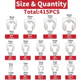 AIMUNOK 415Pcs E-Clip External Retaining Rings Snap Rings Assortment Set, 304 stainless steel C-Clip Kit, 14 SAE Sizes Circlip Snap Rings M1.5- M15