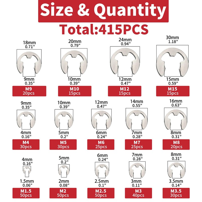 AIMUNOK 415Pcs E-Clip External Retaining Rings Snap Rings Assortment Set,