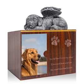Cityjoy Dog Urn for Ashes - Large Wooden Texture Acrylic Memorial Urn with Angel Dog Statue, Pet Urns for Dogs Ashes Keepsake Box - Sympathy Remembrance Gift for Loss of Beloved Pet Urns for Dogs