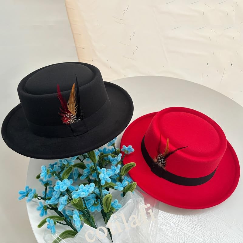Cotilafi Classic Pork Pie Hat with Feathers Flat Top Fedora,