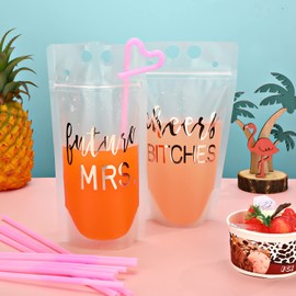 16 Pieces Bachelorette Drink Pouch Cup with Straw Disposable Smoothie Juice Pouches Future Mrs Cups for Weddings and Bridal Showers