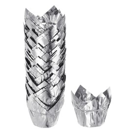 sourcing map 50Pcs Tulip Cupcake Liners Standard Aluminum Foil Baking Cups Greaseproof Wrappers Disposable for Birthday Banquets Party, Silver Tone