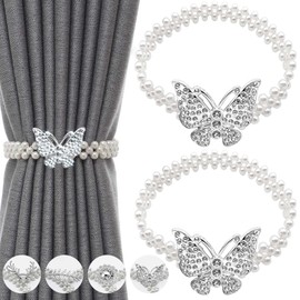 IAGORYUE Curtain Tie backs 2 Pcs Metal TieBacks with Classy Small Pearl Elastic Rope Curtains Hold Holdbacks for Home Office Hotel Window Drape Deco No-Install/Drill/Hooks/Magnetic (Silver Butterfly)