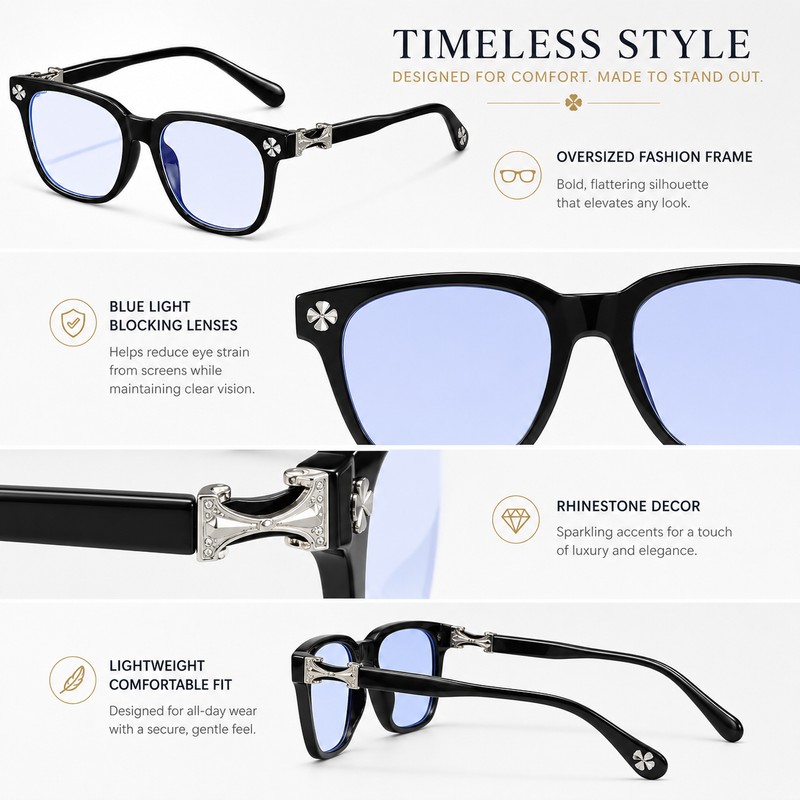 Oversized Blue Light Glasses for Women – Rhinestone Decor Computer