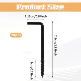 KALIONE 20 Pcs 1 Shape Screw Hooks 2 Inch L Shape Hooks 7 Shape Right Angle Medal Hooks Wall Hooks L Hooks for Hanging Right Angle Hooks Metal Screw in Hooks for Indoor Outdoor Hanging (Black)