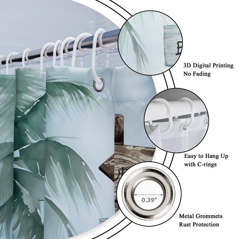Riyidecor Tropical Beach Palm Tree Shower Curtain for Bathroom Decor