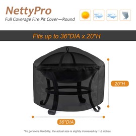 NettyPro Fire Pit Cover Round Waterproof Outdoor Patio Firepit Cover for Fireplace Fire Bowl, 36 x 20 Inchs, Black
