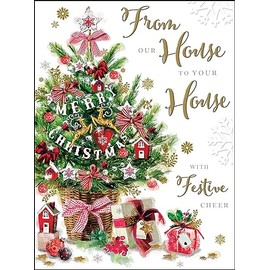 Jonny Javelin Our House to Your House Christmas Card - Decorated Tree and Christmas Gifts Embossed with Foil and Flitter Details