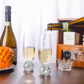 YLNNLC Lead-Free Crystal Champagne Glasses Set of 2, 7oz Stemless Champagne Flutes Glass with Bubbles Ball Base, Reusable Mimosa Glasses, Wine Glassware Gift for Birthday, Wedding, Party ﻿