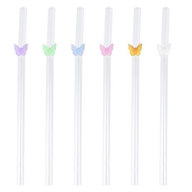 Dokpav 6 PCS Reusable Glass Straws, Cute Colorful Butterfly Drinking Straw, Decorated Glass Straw with Charms, Shatter Resistant for Smoothies Juices Teas Milkshakes Cocktail