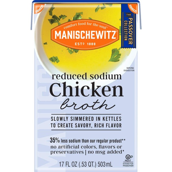Manischewitz Reduced Sodium Chicken Broth 17oz, Flavorful, Kettle Cooked, Slowly Simmered, Kosher for Passover