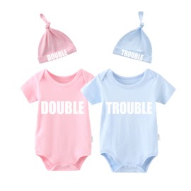 YSCULBUTOL Twins Bodysuits Funny Double Trouble Pack of 2 Twins Set with hat（Pink DT S3M）