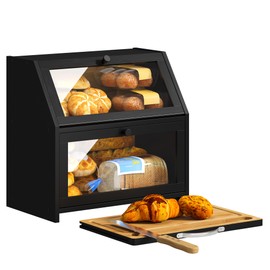 BMOSU Bread Box with Cutting Board Kitchen Bread Storage Organizer Farmhouse Countertop Bread Box Double Bamboo Wood Bread Box(Black)