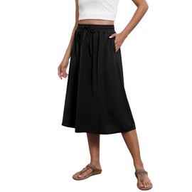 TASAMO Pleated Midi Skirts for Women with Pockets, Elastic High Waisted Skirt Womens Summer Skirts Trendy Black