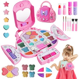 Juegos de Maquillaje para Niñas, Kit de Maquillaje Portátil para Niñas, Lavable Real con Espejo, Juguetes de Cumpleaños Regalo para niñas de 4 a 10 Años (Rosa)