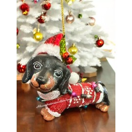 Unbranded Dachshund Weiner Dog Christmas Tree Ornament Lights Sweater Santa Hat with Holly