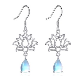 Grmdit Lotus Earrings Sterling Silver Moonstone Dangle Flower Jewelry Gifts for Women