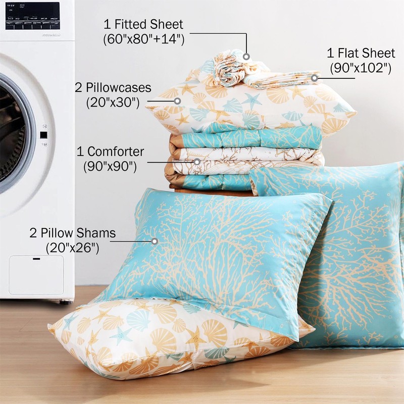 Cmfshape Blue Coastal Queen Size Comforter Set 7 Pieces,Starfish Printed