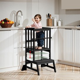 COSYLAND Toddler Standing Tower - Adjustable Height Toddler Kitchen Stool Helper - Kids Kitchen Step Stool for Learning with Removable Safety Railing Black